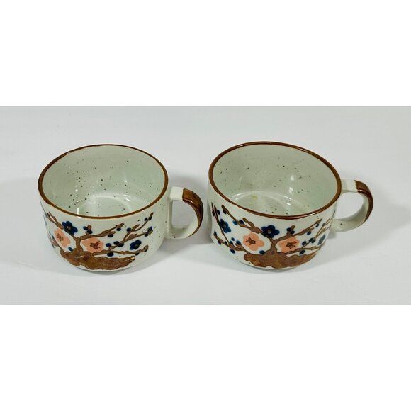 Vintage Korean Ceramic Stoneware Soup Mugs Floral Design Hand-Painted Brown & Wh - Picture 6 of 15
